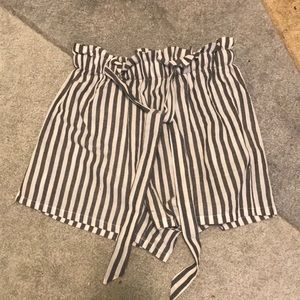 Grey and White Stripes High Waisted Pull on Shorts